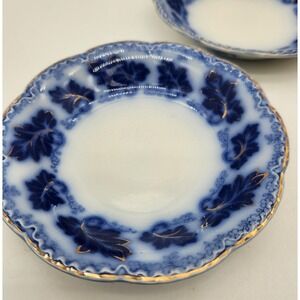 Johnson Bros Normandy Flow Blue Leaf 2 Saucers/1 Plate England Vintage Gold Trim